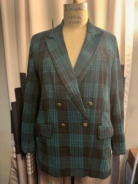 Plaid Double-Breasted Blazer Jacket - Teal/Black XXXL